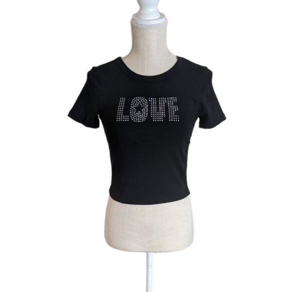 Wild Fable Womens Love Spellout Cropped Tee Black Top - Picture 3 of 6